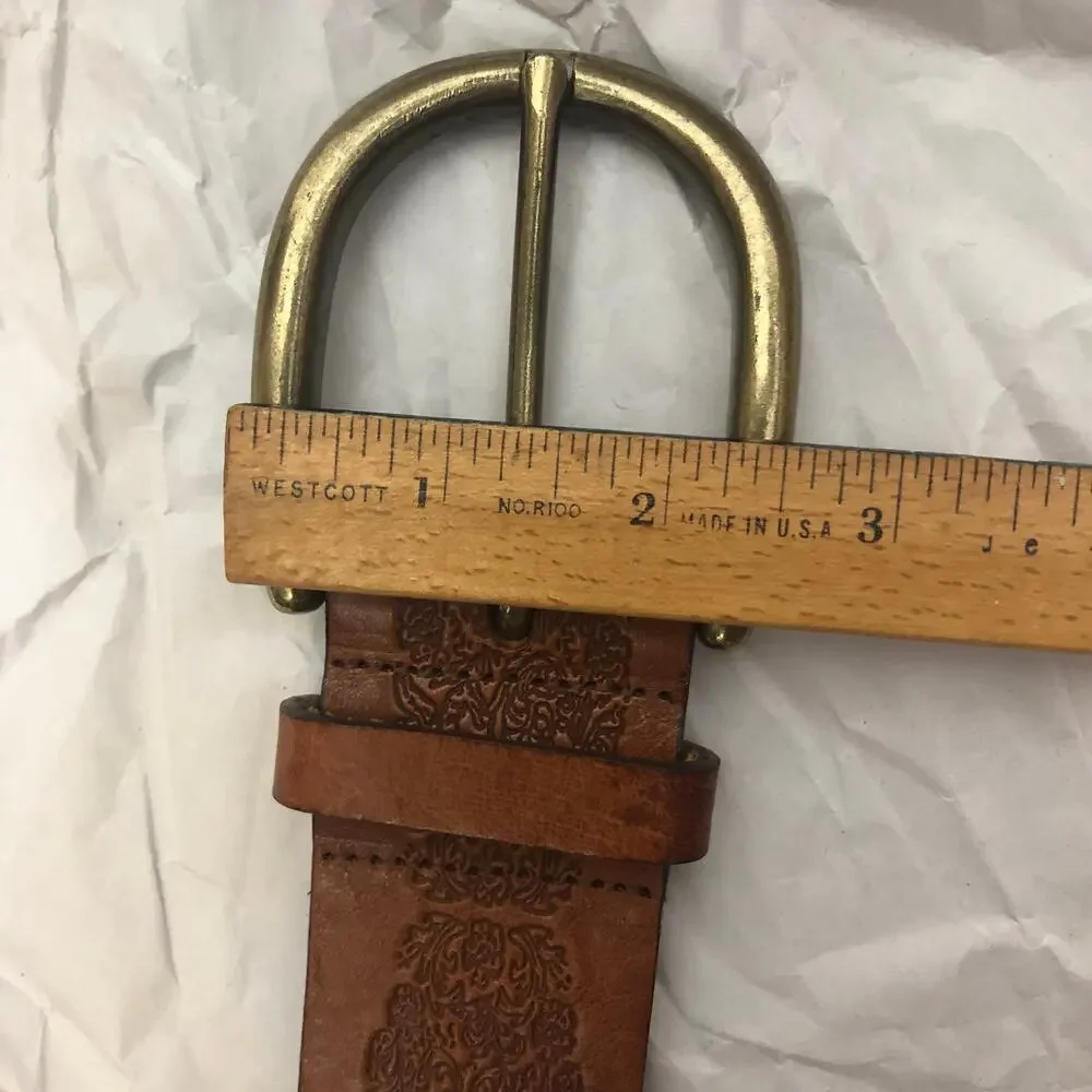 Leather Belt Brown Engraved Floral Vine Wide Italian Leather Medium
